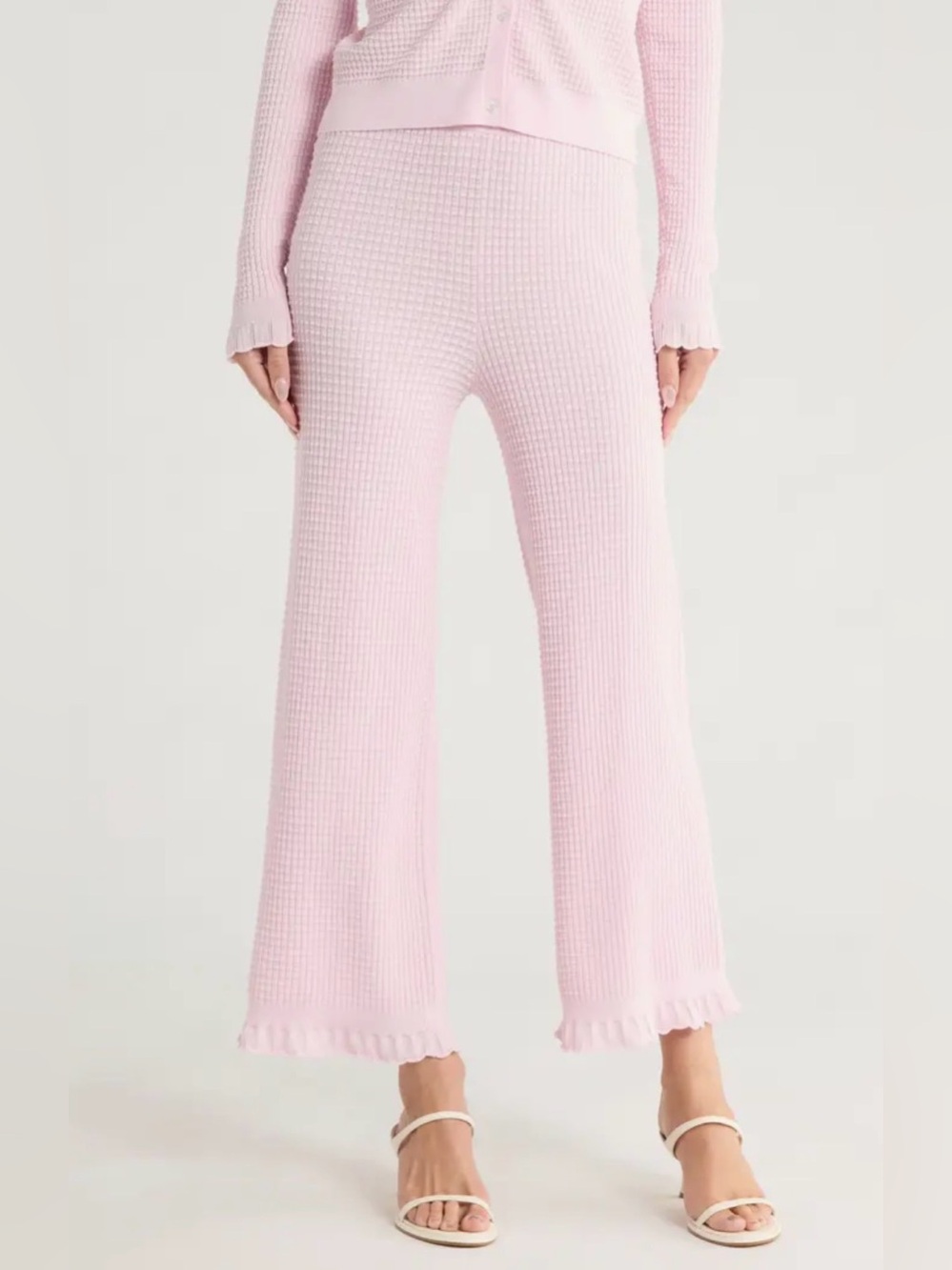 Theory Light Pink Waffle Knit Wide-Leg Pants